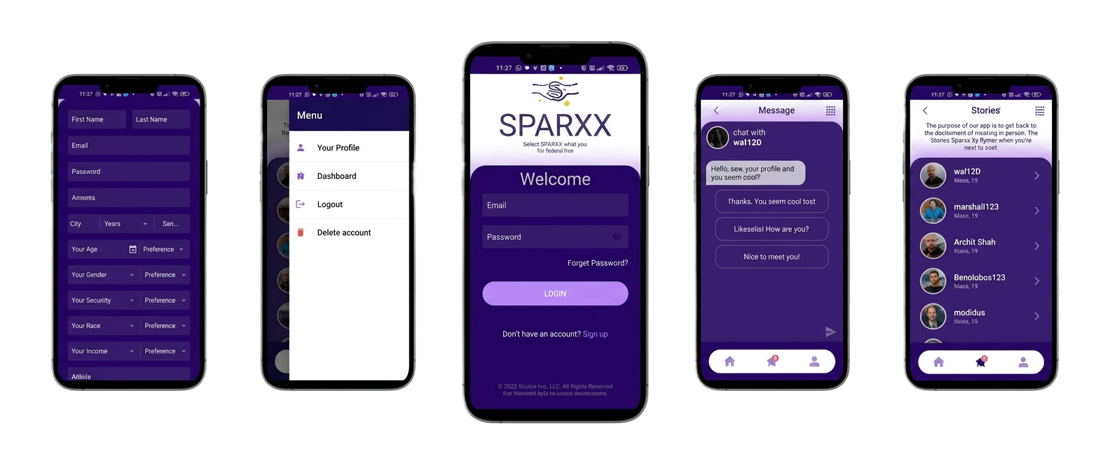 SPARXX app screens: profile setup, menu, welcome login, messages, and stories